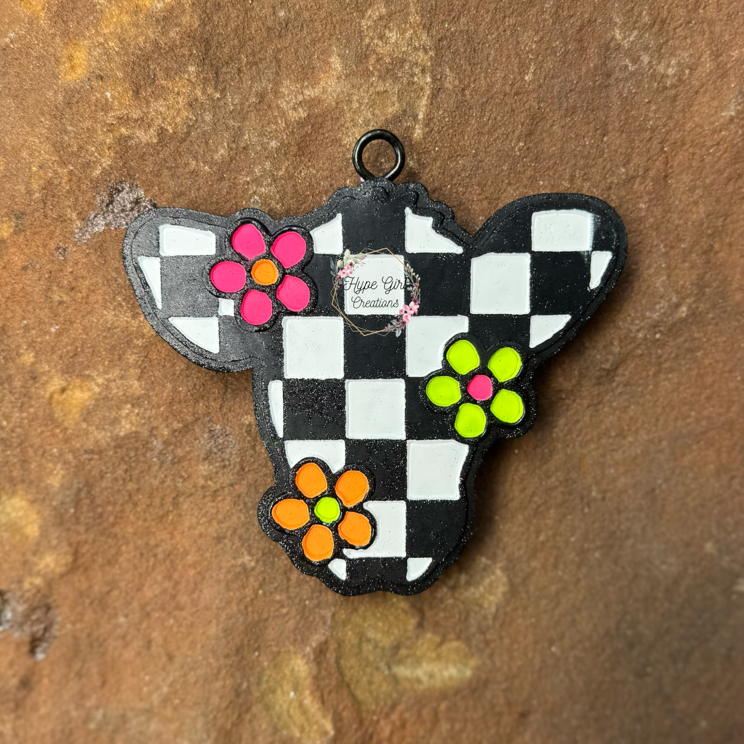 Checkered Floral Cow Head Car Freshie