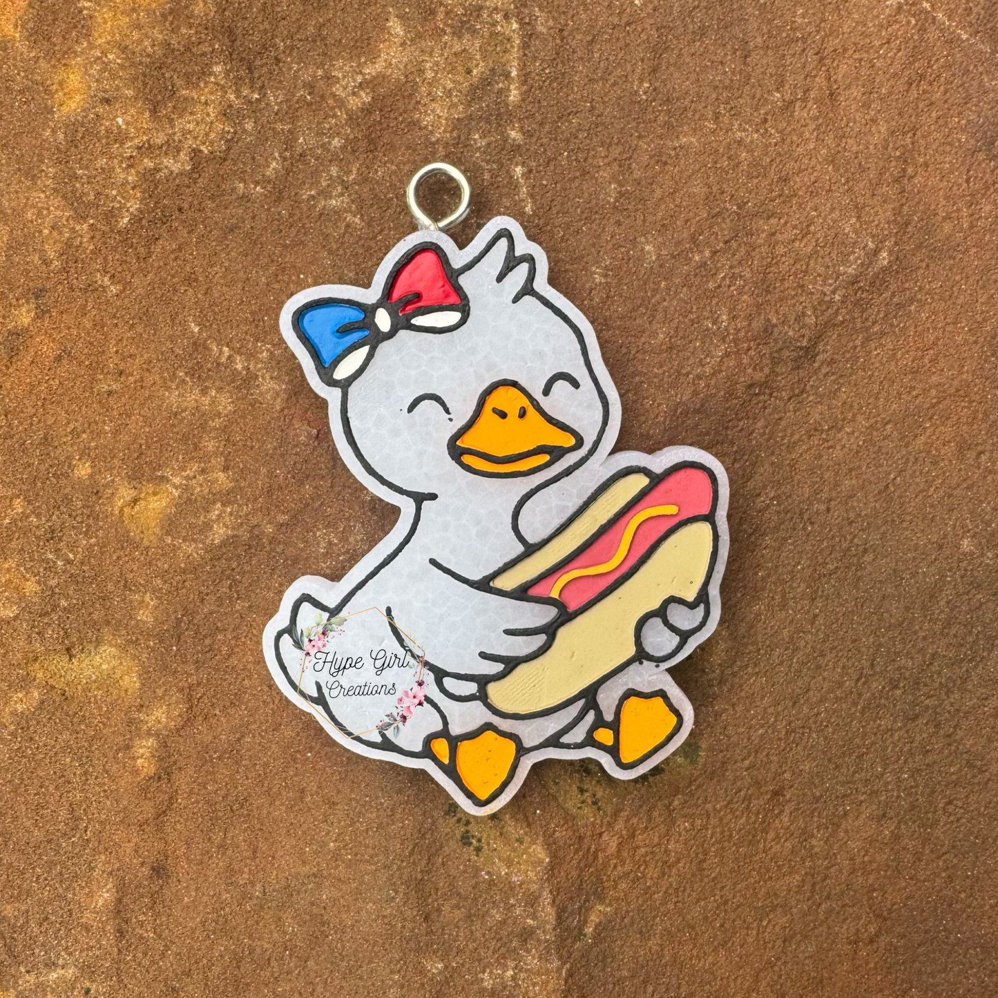 Goose holding a Hot Dog Car Freshie