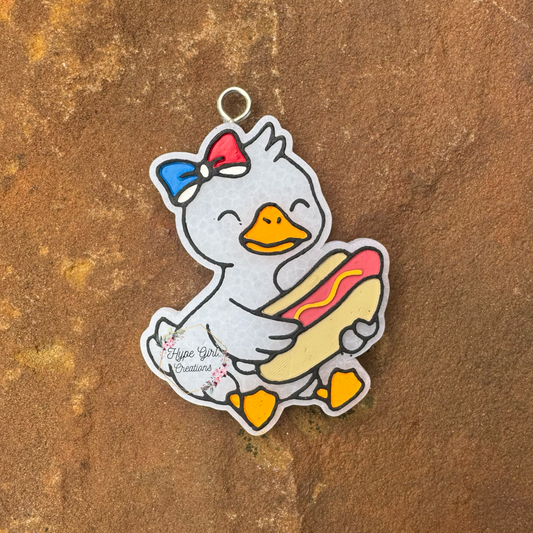Goose holding a Hot Dog Car Freshie