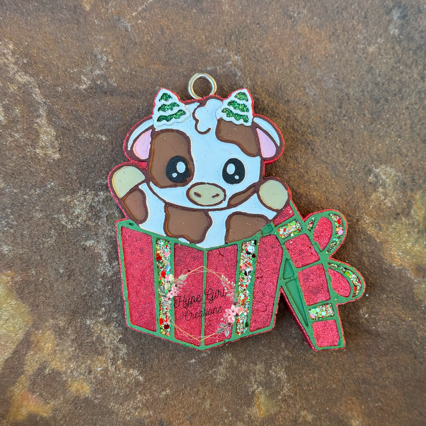 Cow in Present Car Freshie