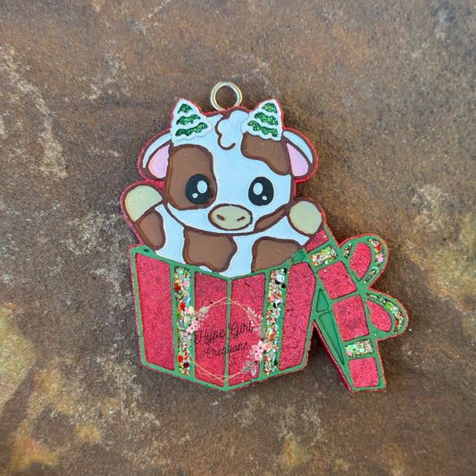 Cow in Present Car Freshie